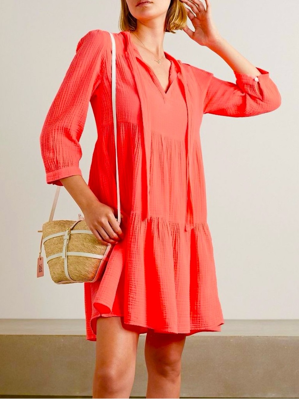 HONORINE Giselle Tiered Mini Dress XS Made in USA Coral 100% Cotton